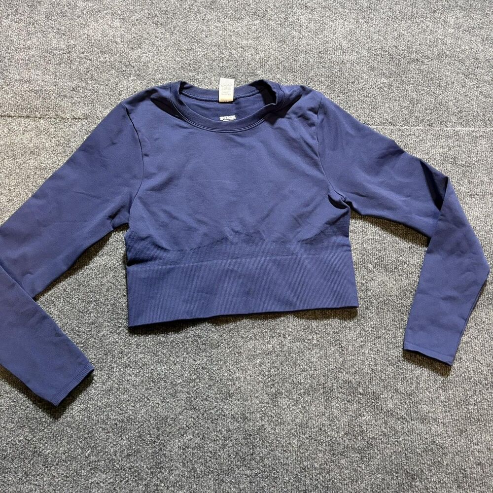PINK Victoria's Secret Shirt Womens Medium Blue Cropped Long Sleeve Slim Fit